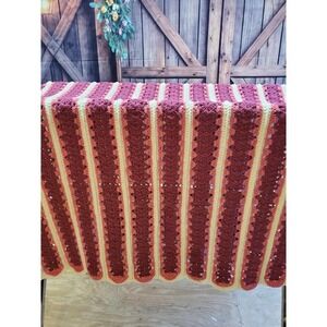 Handmade Crochet‎ Blanket Throw Striped Red Cream Coral Scalloped Edge